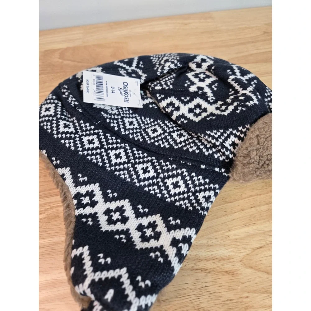 OshKosh B'gosh Kids Navy White Fair Isle Trapper Hat Faux Fur Lining Size 8-14